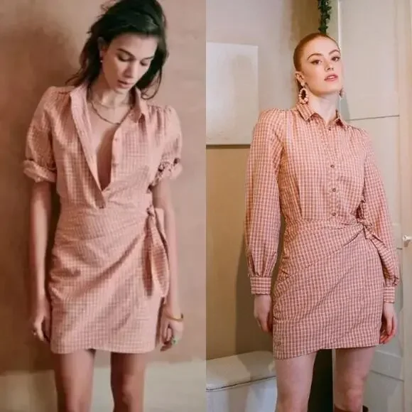 Sezane Jamy Linen Check Shirt Dress Faux Wrap Women 42 Pink Plaid Long Sleeve - Picture 4 of 16